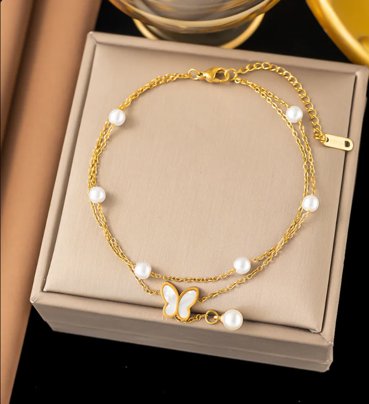 Women's Gold-Plated Double-Layer White Shell Butterfly Anklet