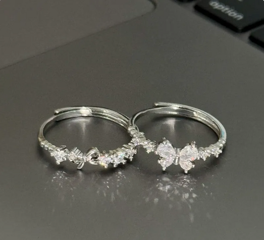 Silver Sweetheart Bow 2-Piece Matching Ring Set for Women