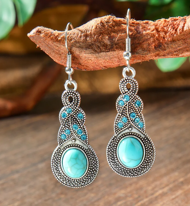 Women’s Antique Silver-Tone Faux Turquoise Drop Earrings – Boho Vintage Jewelry