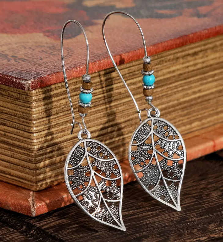 Women’s Antique Silver-Tone Faux Turquoise Drop Earrings – Boho Vintage Jewelry