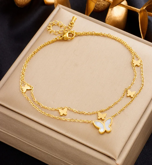 Women's Gold-Tone Matte & Mirror Finish Butterfly Charm Anklet