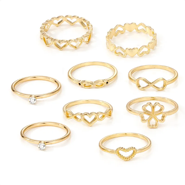 Gold Heart & Butterfly 9-Piece Ring Set for Women