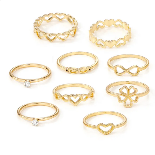 Gold Heart & Butterfly 9-Piece Ring Set for Women
