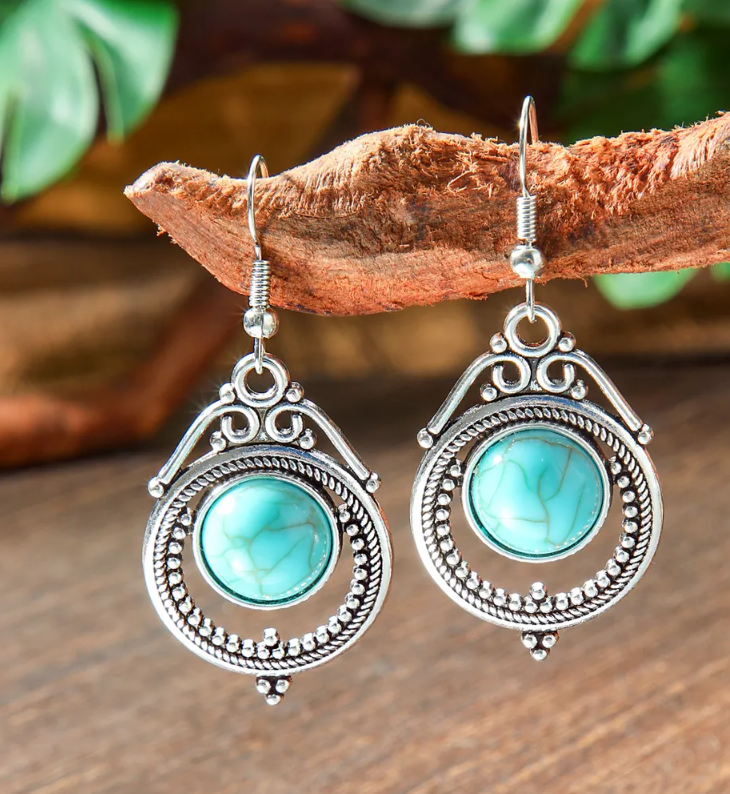 Women’s Antique Silver-Tone Faux Turquoise Drop Earrings – Boho Vintage Jewelry