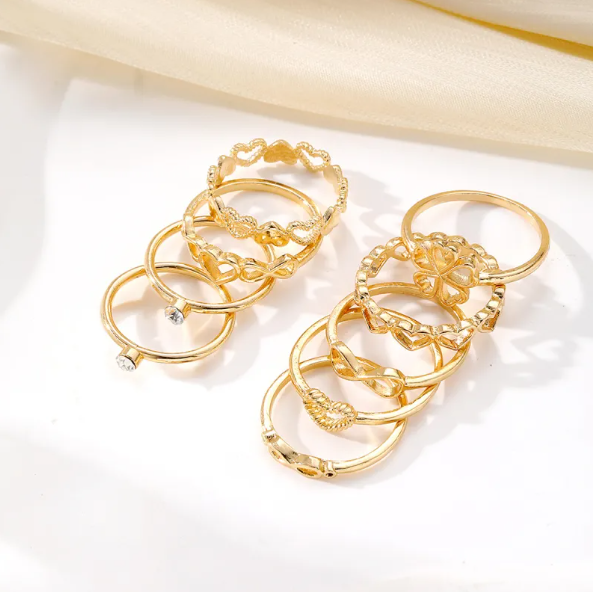 Gold Heart & Butterfly 9-Piece Ring Set for Women