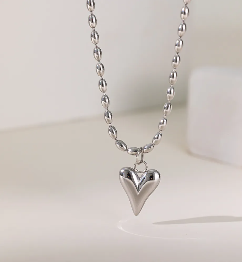 Gold Bead Chain Heart & Pearl Pendant Necklace for Women – Elegant Stainless Steel Jewelry