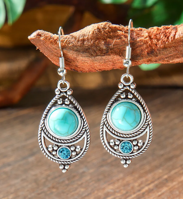 Women’s Antique Silver-Tone Faux Turquoise Drop Earrings – Boho Vintage Jewelry