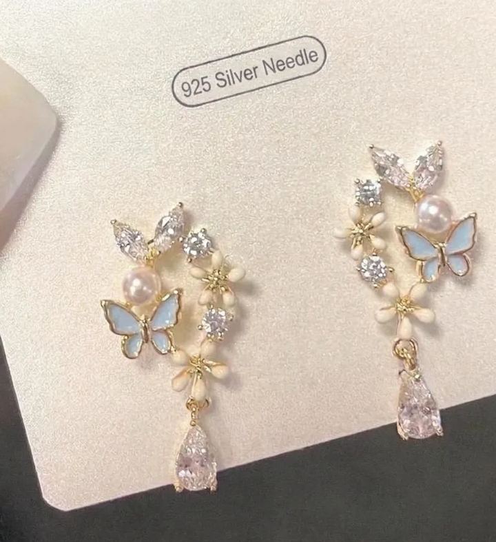 Women’s Silver-Tone Bow Heart Gem & Star Pendant Earrings – 925 Silver Posts