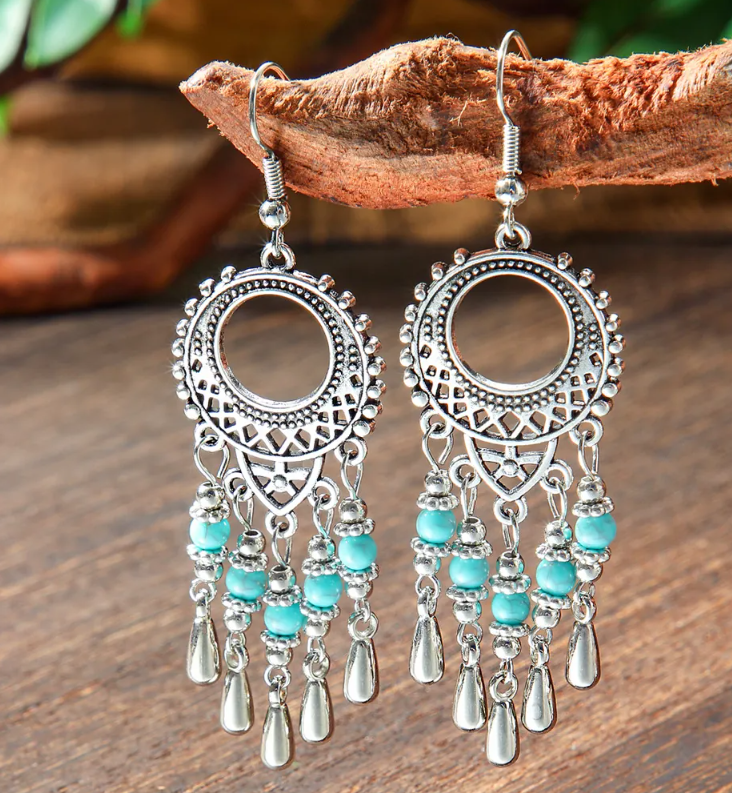 Women’s Antique Silver-Tone Faux Turquoise Drop Earrings – Boho Vintage Jewelry