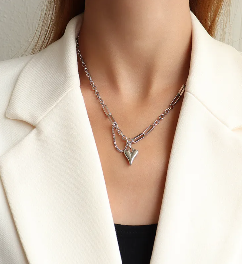 Gold Bead Chain Heart & Pearl Pendant Necklace for Women – Elegant Stainless Steel Jewelry