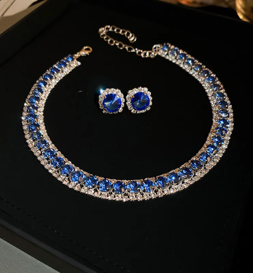 Gold Geometric Zirconia Necklace & Earrings Set for Women – Elegant Wedding Jewelry