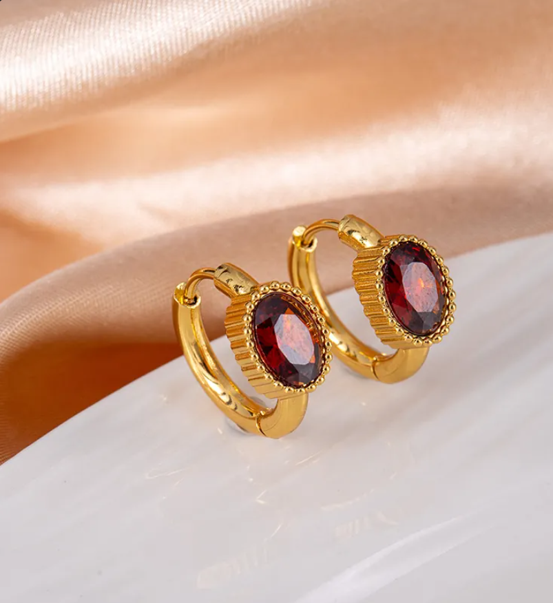 Gold Blue Oval Zircon Hoop Earrings for Women – Vintage Stainless Steel Jewelry