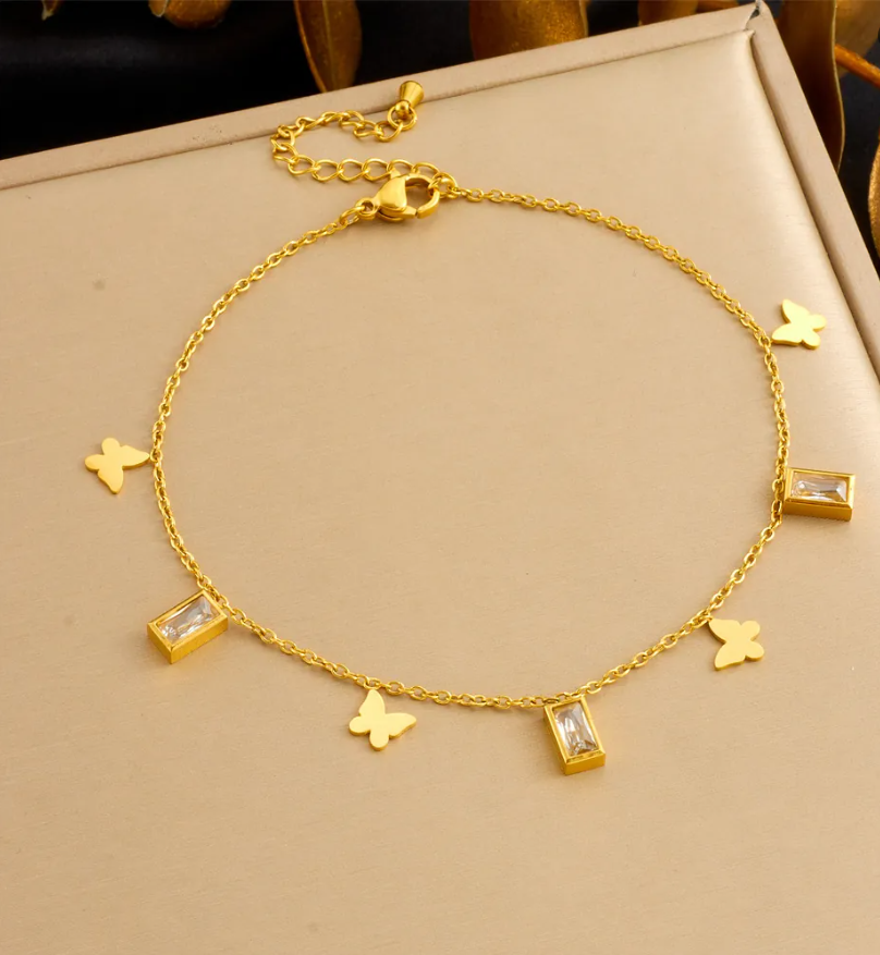 Women's Gold-Plated Stainless Steel Butterfly & Rectangular Crystal Anklet