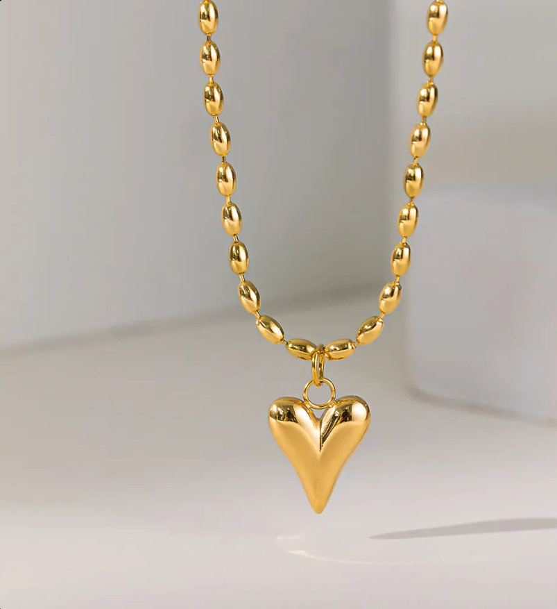 Gold Bead Chain Heart & Pearl Pendant Necklace for Women – Elegant Stainless Steel Jewelry
