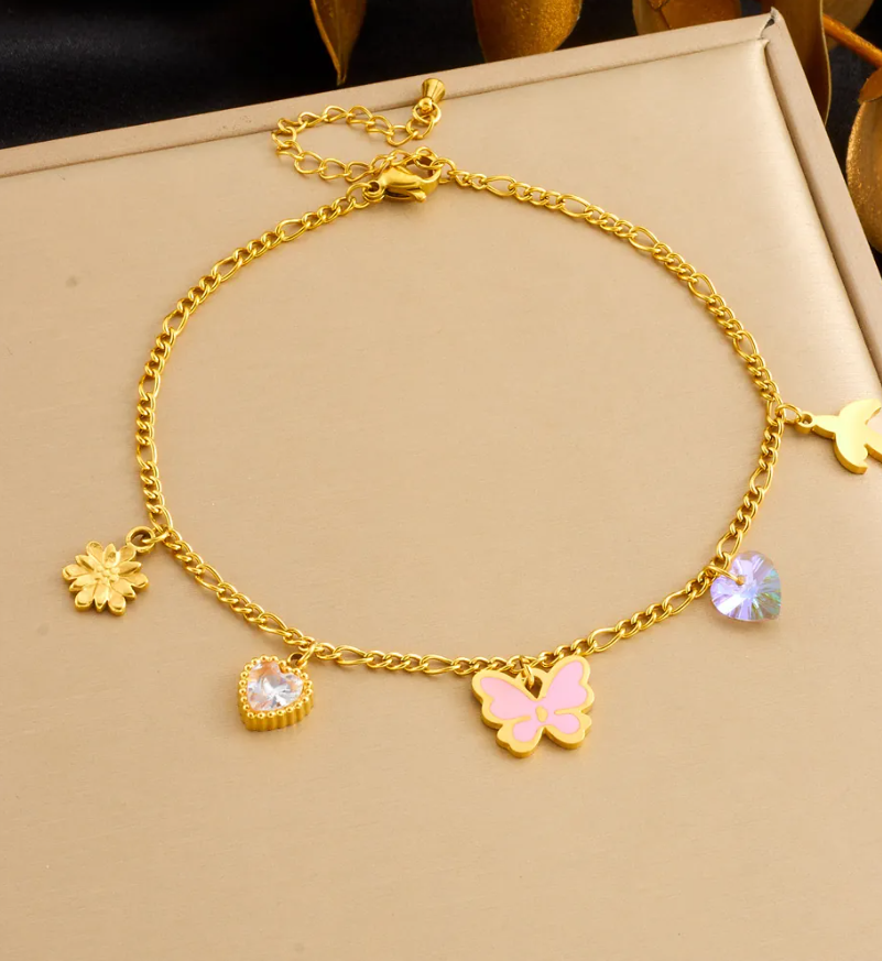 Women's Gold-Plated Stainless Steel Butterfly & Rectangular Crystal Anklet