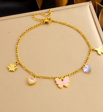Women's Gold-Plated Stainless Steel Butterfly & Rectangular Crystal Anklet