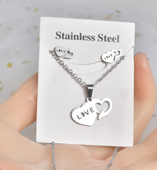 Silver Heartbeat & Couple Figure Necklace and Earrings Set for Women – Minimalist Stainless