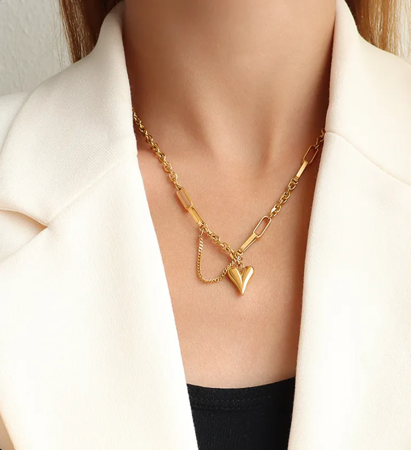 Gold Bead Chain Heart & Pearl Pendant Necklace for Women – Elegant Stainless Steel Jewelry