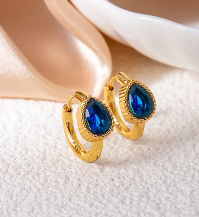 Gold Blue Oval Zircon Hoop Earrings for Women – Vintage Stainless Steel Jewelry