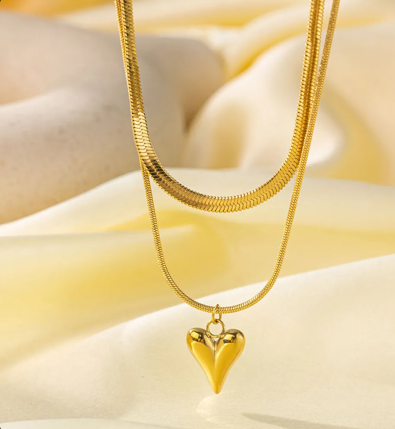 Gold Bead Chain Heart & Pearl Pendant Necklace for Women – Elegant Stainless Steel Jewelry