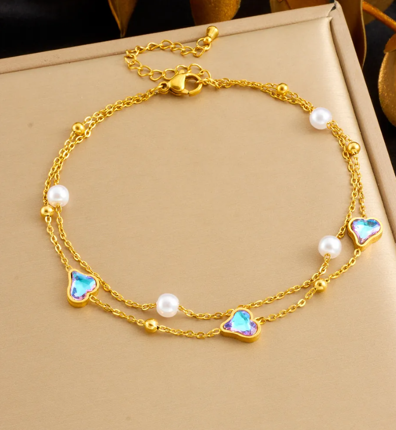 Women's Gold-Plated Stainless Steel Butterfly & Rectangular Crystal Anklet