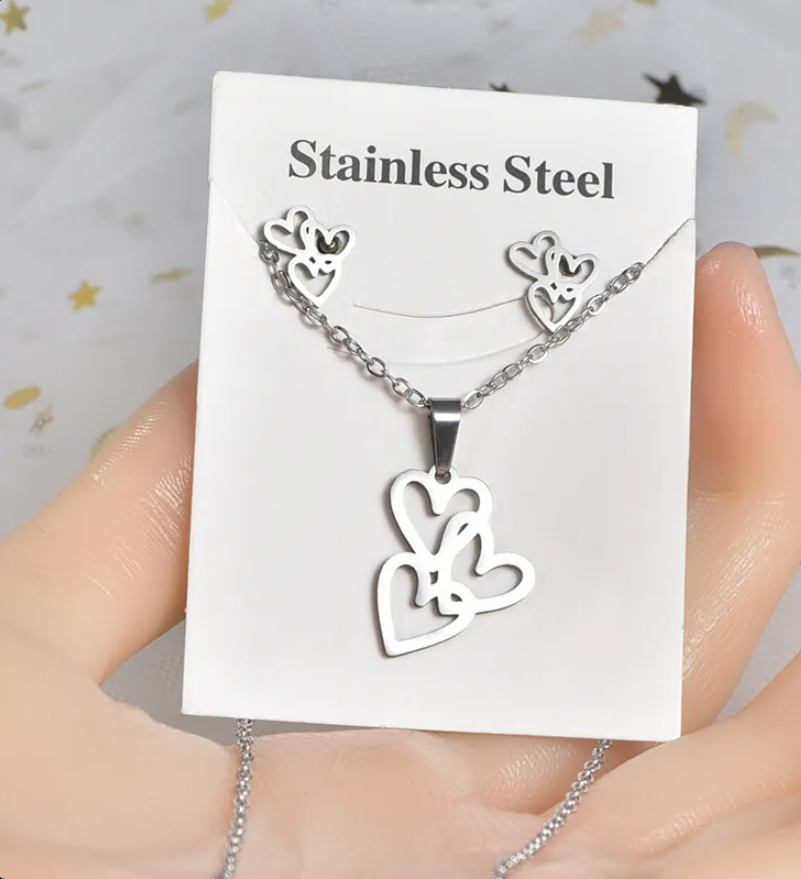 Silver Heartbeat & Couple Figure Necklace and Earrings Set for Women – Minimalist Stainless