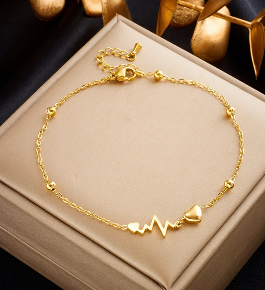Women’s Gold-Tone EKG Heartbeat Heart Anklet – Minimalist Titanium Steel Jewelry