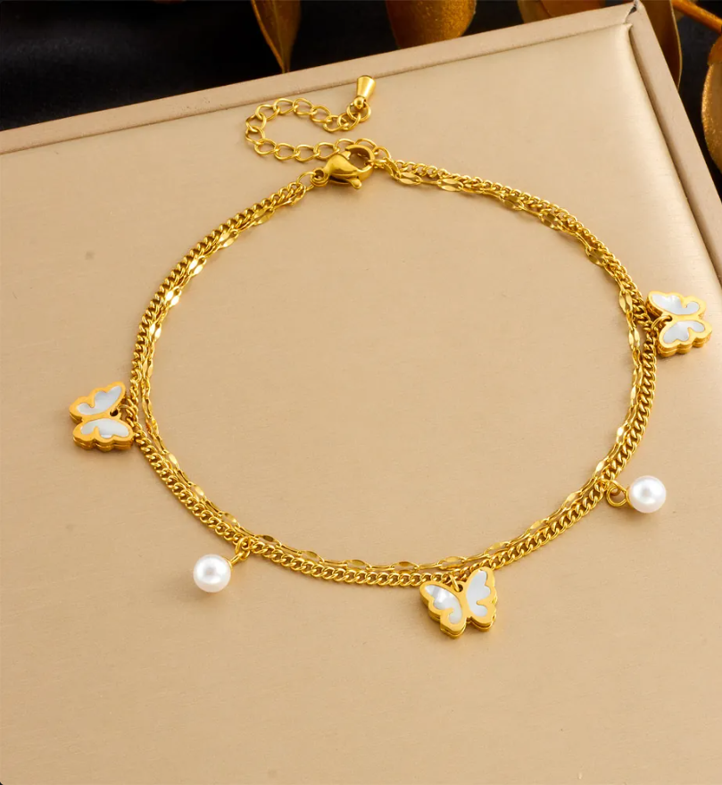 Women's Gold-Plated Stainless Steel Butterfly & Rectangular Crystal Anklet