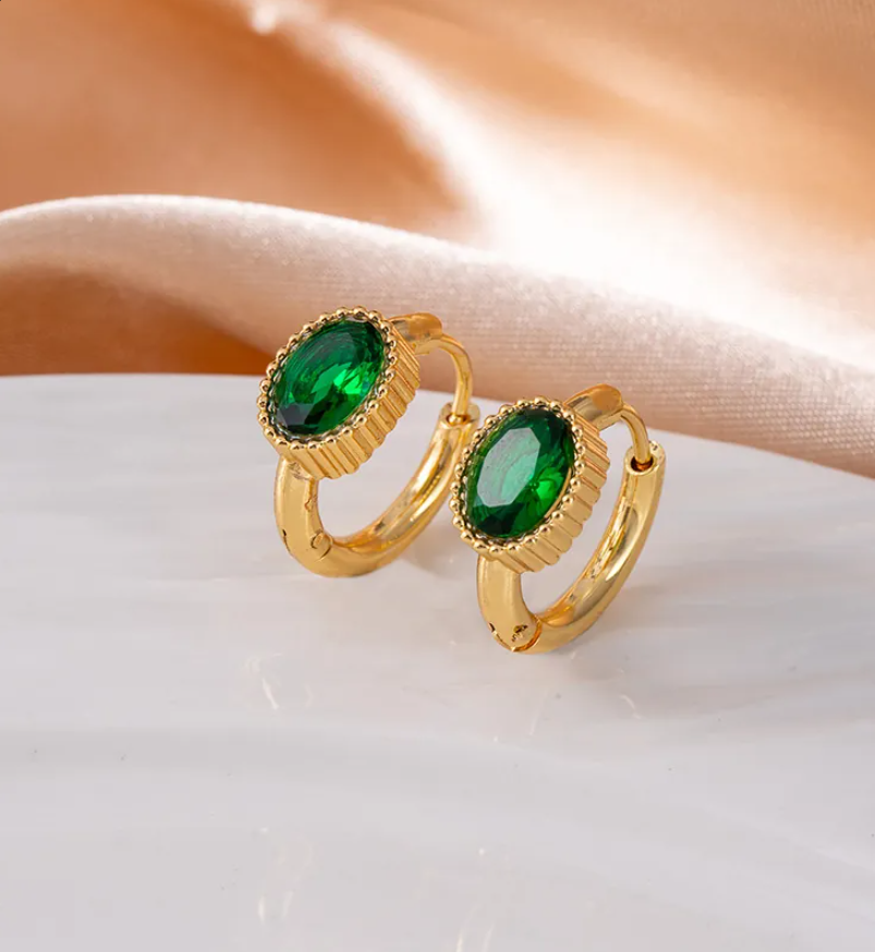 Gold Blue Oval Zircon Hoop Earrings for Women – Vintage Stainless Steel Jewelry