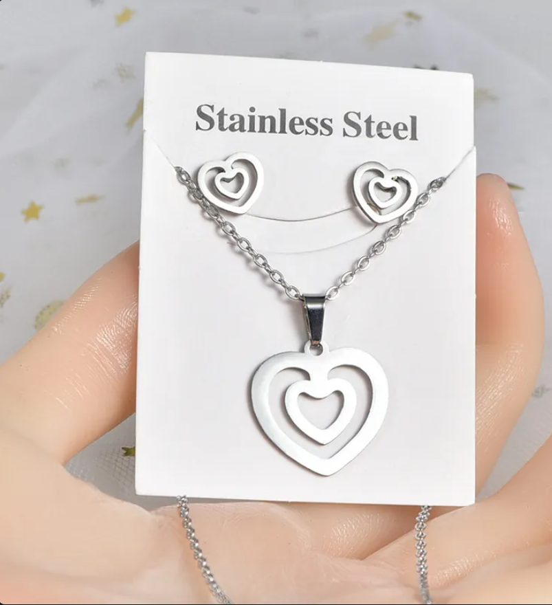 Silver Heartbeat & Couple Figure Necklace and Earrings Set for Women – Minimalist Stainless