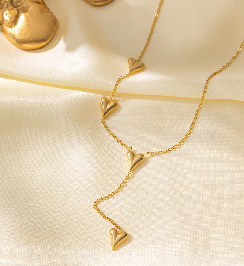 Gold Bead Chain Heart & Pearl Pendant Necklace for Women – Elegant Stainless Steel Jewelry