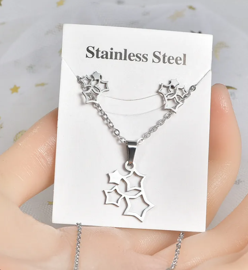 Silver Heartbeat & Couple Figure Necklace and Earrings Set for Women – Minimalist Stainless
