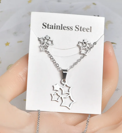 Silver Heartbeat & Couple Figure Necklace and Earrings Set for Women – Minimalist Stainless