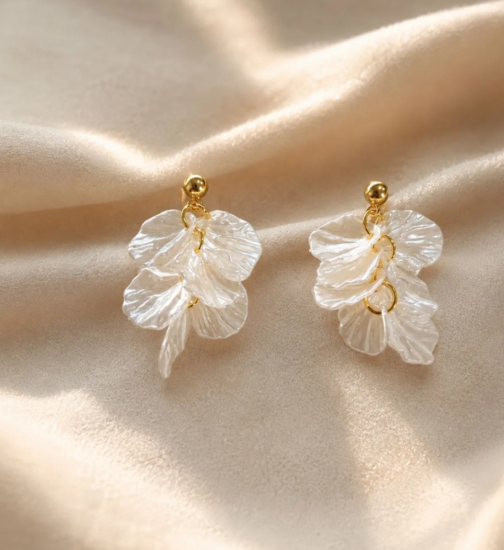 Women’s Floral Petal & Faux Pearl Drop Earrings – 925 Silver Posts