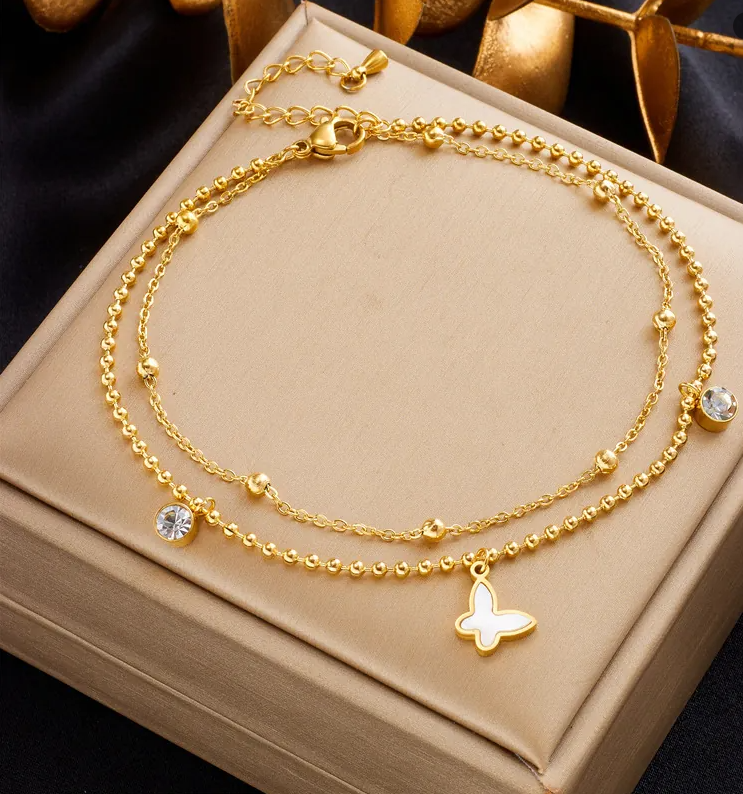 Women’s Gold-Tone EKG Heartbeat Heart Anklet – Minimalist Titanium Steel Jewelry