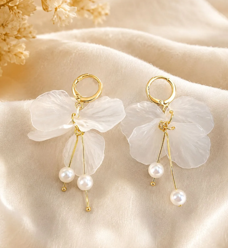 Women’s Floral Petal & Faux Pearl Drop Earrings – 925 Silver Posts