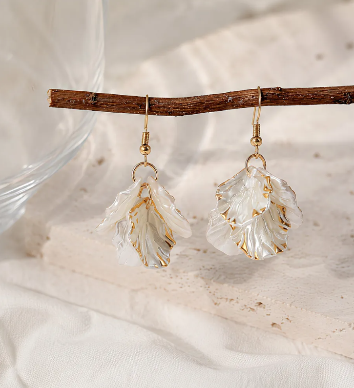 Women’s Floral Petal & Faux Pearl Drop Earrings – 925 Silver Posts