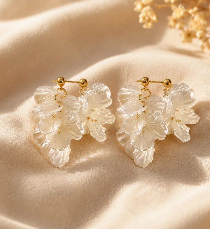 Women’s Floral Petal & Faux Pearl Drop Earrings – 925 Silver Posts
