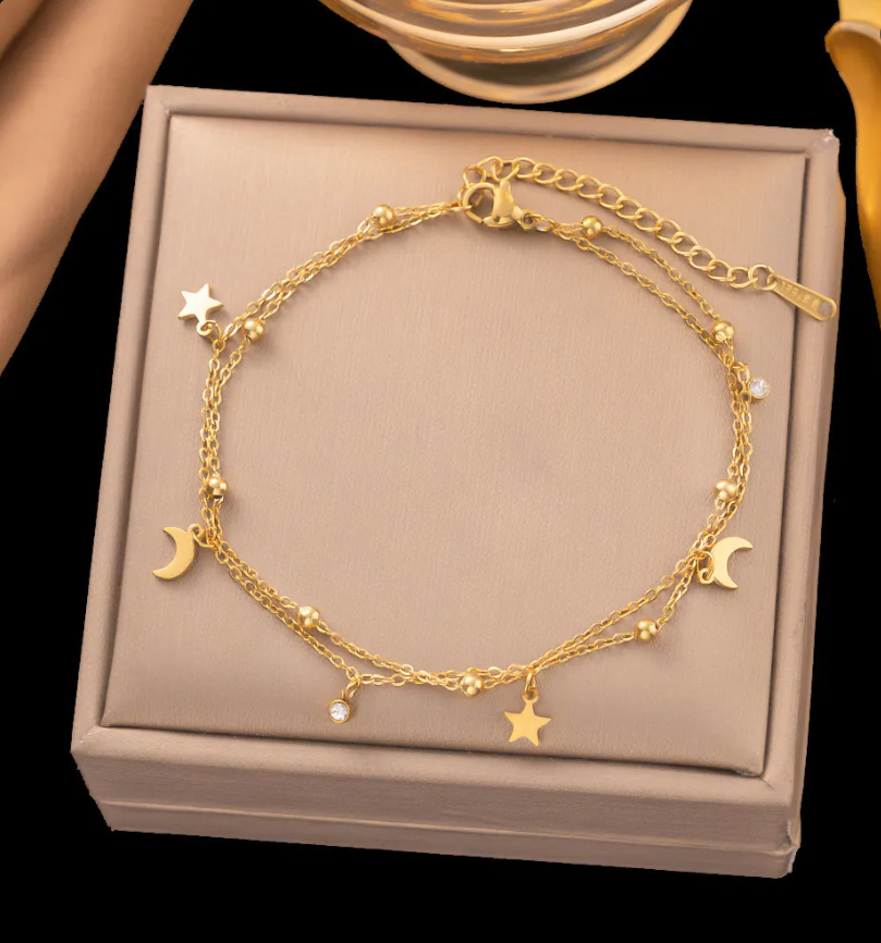 Women's Gold-Plated Stainless Steel Double-Layer Beaded Anklet