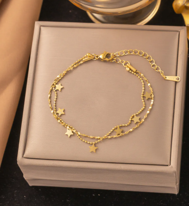 Women's Gold-Plated Stainless Steel Double-Layer Beaded Anklet