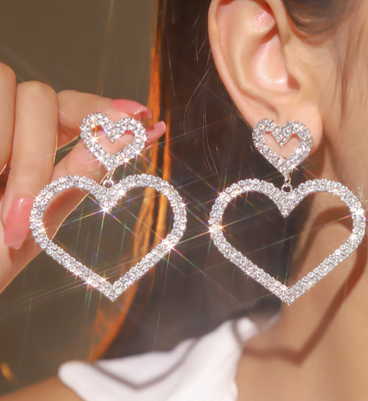 Silver Heart Full Rhinestone Tassel Drop Earrings for Women – Elegant Statement Jewelry
