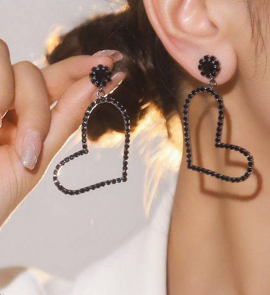 Silver Heart Full Rhinestone Tassel Drop Earrings for Women – Elegant Statement Jewelry