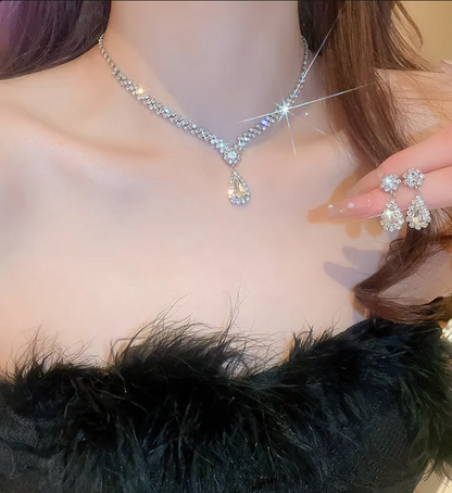 Silver Square Rhinestone Necklace & Stud Earrings Set for Women – Elegant Wedding Jewelry