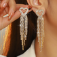 Silver Heart Full Rhinestone Tassel Drop Earrings for Women – Elegant Statement Jewelry