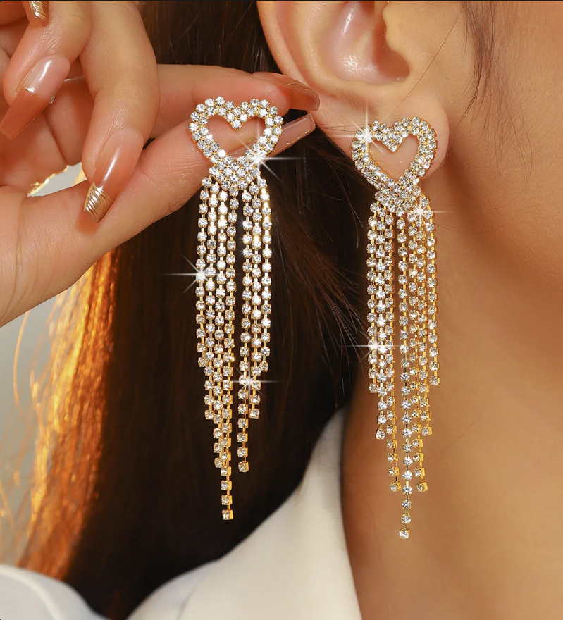Silver Heart Full Rhinestone Tassel Drop Earrings for Women – Elegant Statement Jewelry