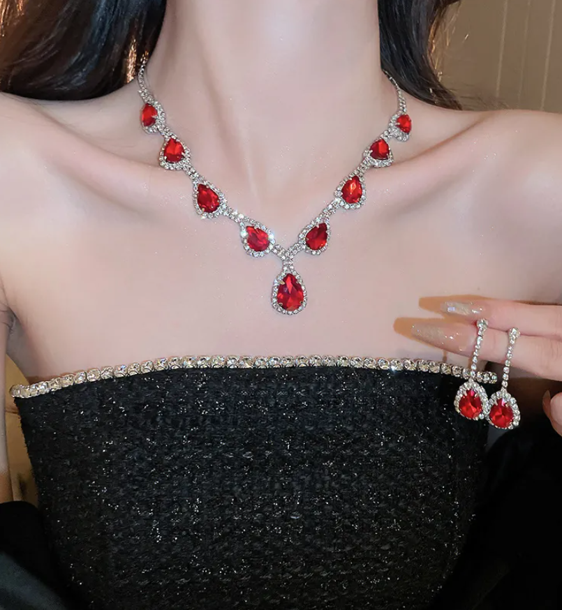 Silver Square Rhinestone Necklace & Stud Earrings Set for Women – Elegant Wedding Jewelry