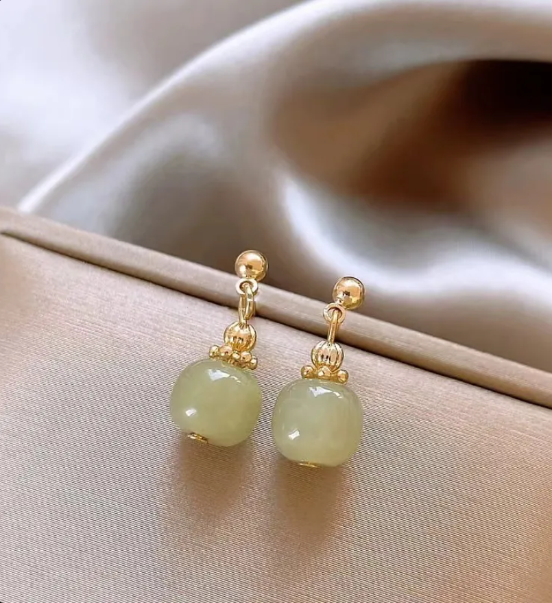 Gold Neo-Chinese Chalcedony Drop Earrings for Women – Elegant Vintage Jewelry