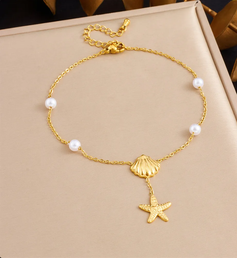 Gold Plated Shell & Starfish Pearl Double-Layer Anklet for Women – Ocean-Inspired Beach Jewelry