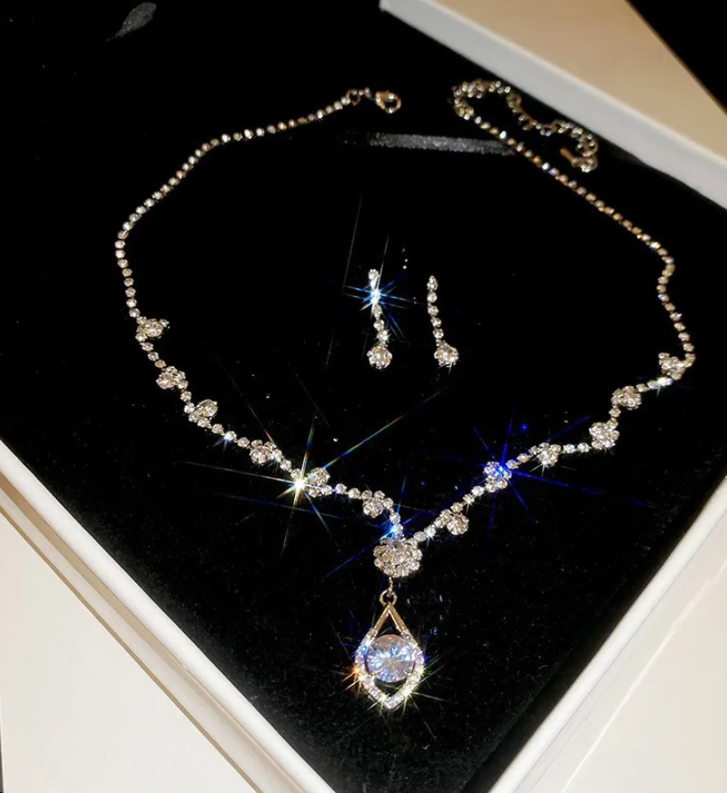 Silver Square Rhinestone Necklace & Stud Earrings Set for Women – Elegant Wedding Jewelry