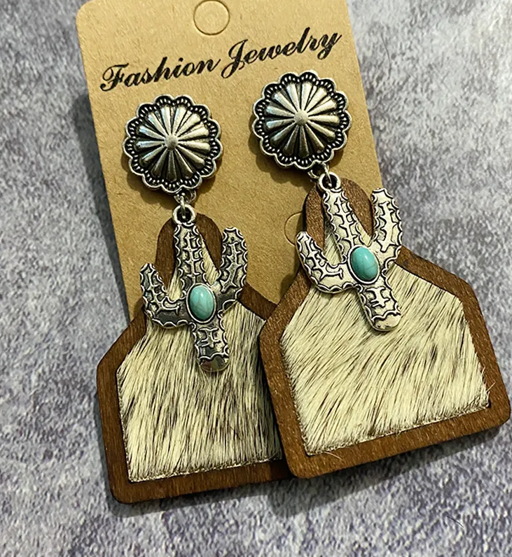 Women’s Western Boho Cowhide Leather & Horsehair Dangle Earrings – Cactus & Turquoise Styles